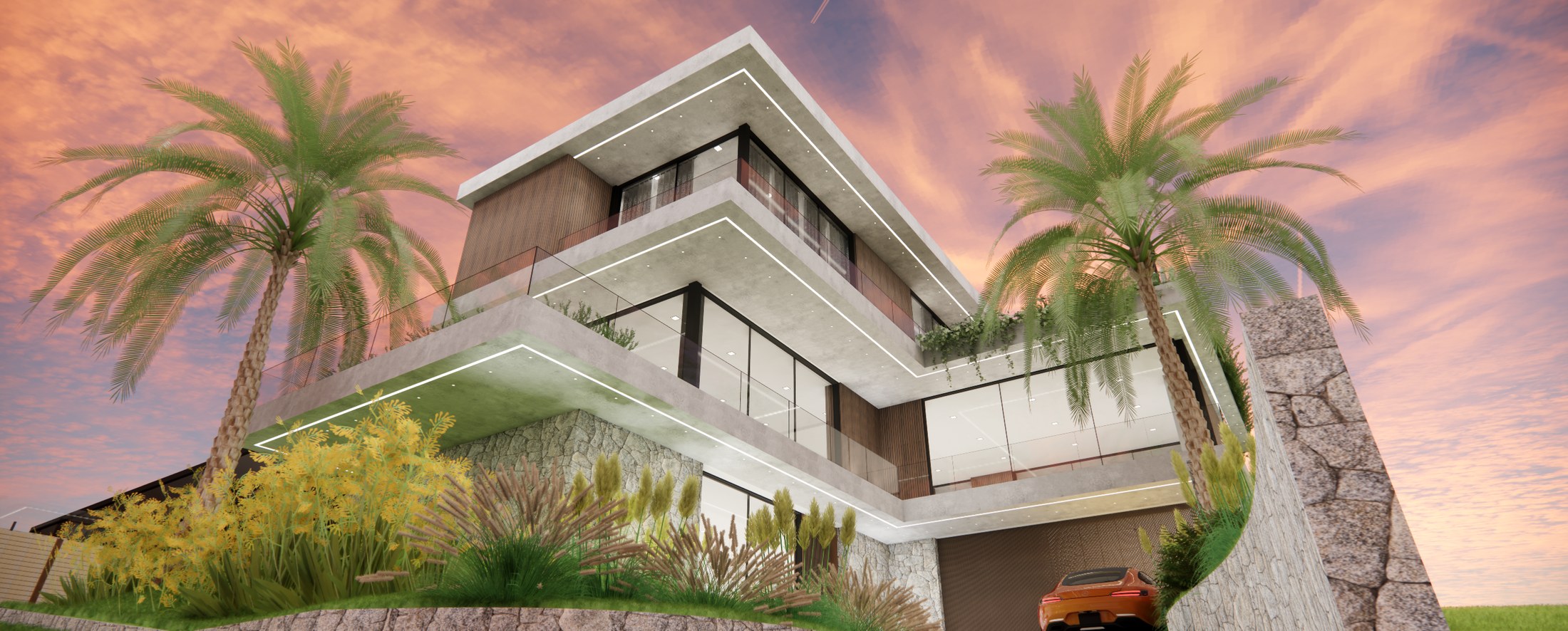 Fachada ampla da Aura Simple Luxury com volumes claros e vegetação